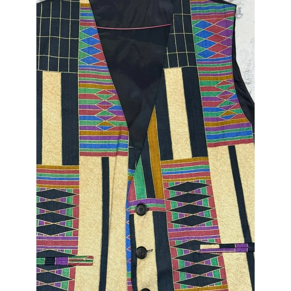 Vintage 90s Retro Brand Multicolor Geometric Tribal Tapestry Vest Mens M USA